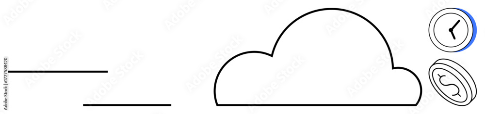 Poster cloud surrounded by clock and coin symbolizing time and cost efficiency. ideal for technology, innov
