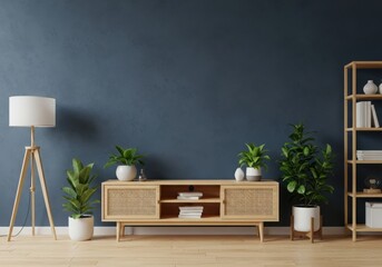 Modern living room interior with wooden media console and elegant floor lamp illustration