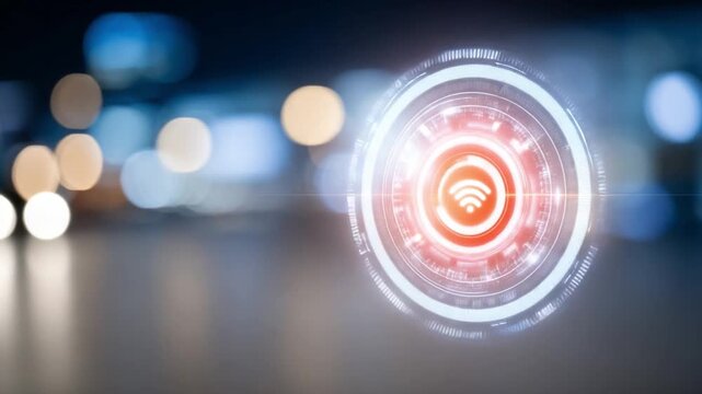 Digital Connectivity: A vibrant depiction of wireless communication, showcasing a glowing WiFi symbol embedded in a futuristic, high-tech interface. Captures the essence of digital networking.