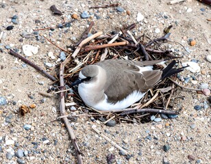 Bird resting in a nest on the beach (1)