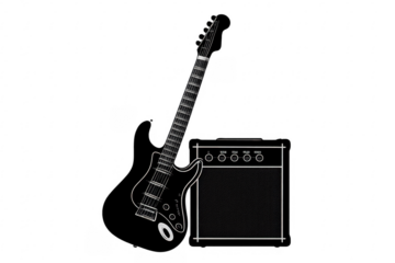 Black electric guitar and amplifier on transparent background