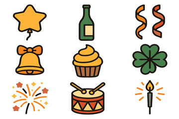 Collection of festive celebration icons including balloon bottle confetti bell cupcake clover fireworks drum candle
