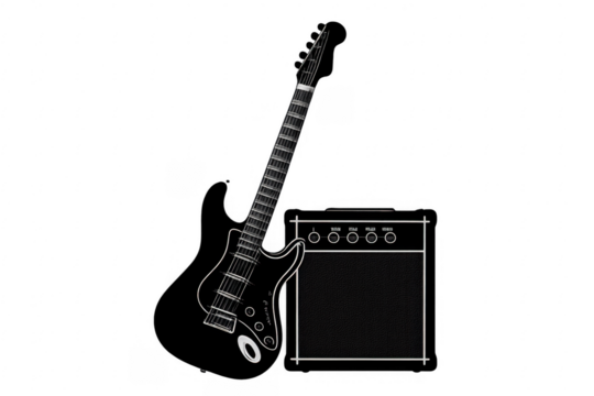 Black electric guitar and amplifier on transparent background