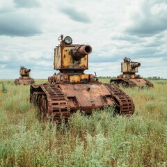 Fototapeta premium Rusty Tanks in Overgrown Field, military, decay