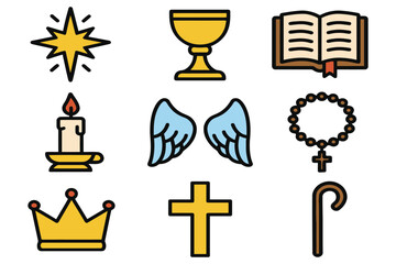 Collection of religious symbols including star chalice bible candle wings rosary crown cross and staff