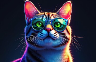 Naklejka premium Close-up portrait of tabby cat wearing bright blue eyeglasses. Cat luminous green eyes reflecting stardust, fur illuminated with vibrant neon pink, yellow light against dark backdrop. Cool feline
