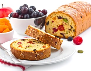 Sliced fruitcake with various berries and dried fruit