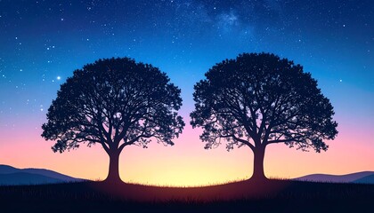 Two silhouetted trees under a starry night sky with a colorful horizon