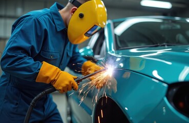 Mechanic in safety mask and gloves welds car body with welding torch creating sparks. Pro auto repair in garage workshop after vehicle accident. Skillful technician fixes metal.