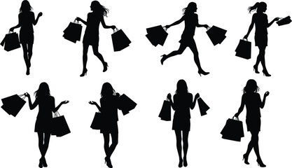 Silhouette of women shopping, female carrying bags, fashion lifestyle, stylish shopper walking, retail purchase, consumer design, store mall illustration vector