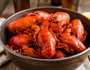 Boiled crawfish in a bowl on a wooden table