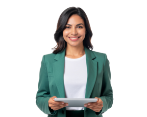A professional young woman wearing a stylish green blazer, smiling confidently while 
