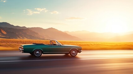 Classic Car Sunset Drive:  A Retro Road Trip Adventure Through Majestic Mountains
