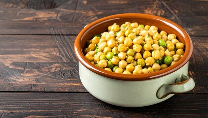 Chickpeas and peas in a ceramic bowl sit on a dark, textured wooden surface