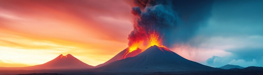 Volcano Eruption Fiery Lava Flowing, Majestic Peaks, sky contrast ,geothermal ,landscape