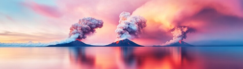 Volcano Eruption over Water, Pink Sky Reflection, Landscape ,volcanoes