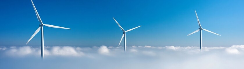 Wind Turbines Above Clouds, Blue Sky Backdrop, Renewable Energy , Sustainability