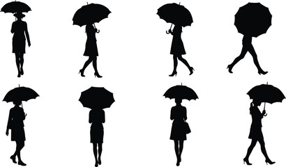 Silhouette of women with umbrellas, female walking in rain, stylish ladies holding umbrella, rainy day fashion, outdoor weather illustration vector
