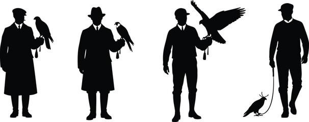 Falconry silhouette vector set, bird of prey icons, black outline style, traditional hunting illustration, outdoor sport design, minimal art