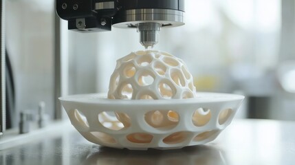 3D printer creating white lattice sphere