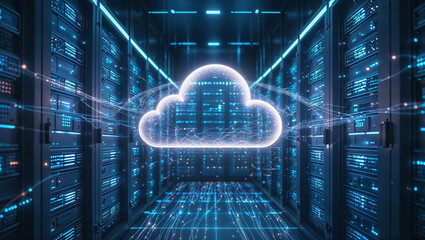 Ethereal glowing cloud icon centered in a futuristic dark-blue server room, with electric-blue-lit racks, data streams flowing toward, symbolizing advanced technology, digital connectivity, high-tech 