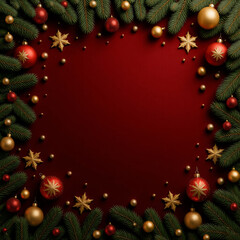 new year background with fir branches, snowflakes and balls on a red background with empty space