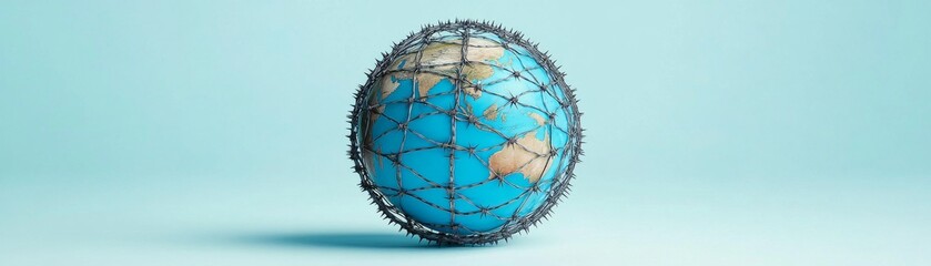World Globe Ensnared by Barbed Wire Global Conflict and Border Security on Soft Blue Backdrop,Global Issues ,Restriction