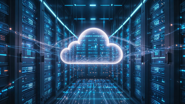 Ethereal glowing cloud icon centered in a futuristic dark-blue server room, with electric-blue-lit racks, data streams flowing toward, symbolizing advanced technology, digital connectivity, high-tech 