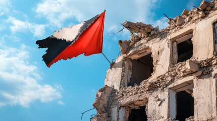 Worn Flag and Ruined Building Post-War Devastation Concept, Conflict ,Destruction