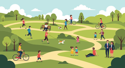 A vibrant park scene unfolds with diverse people enjoying various outdoor activities like cycling, running, walking, and relaxing on a sunny day