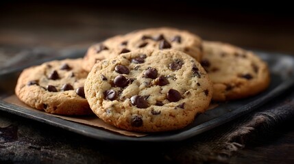 A stack of delicious chocolate chip cookies rests on a rustic wooden tray bathed in soft natural light