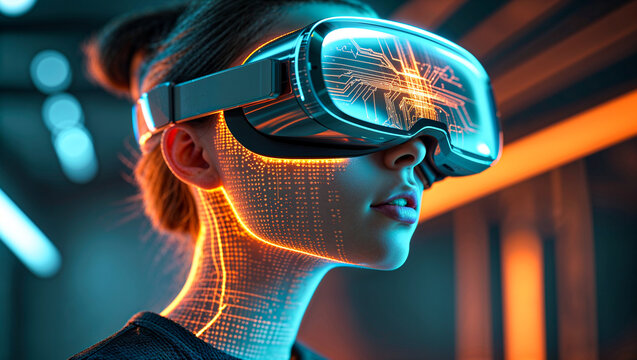 Cinematic futuristic portrait of a young woman in sleek VR headset with glowing transparent visor, digital neural grid overlay, and vibrant orange-blue circuit lights in high-tech industrial setting