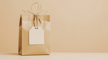 Elegant Kraft Paper Gift Bag with Blank Tag on Beige Background