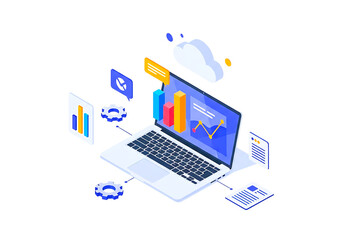 Laptop with charts and graphs isolated on transparent background