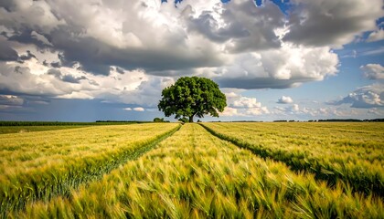 Rural landscape field of wheat with a lone tree under cloudy sky horizon
