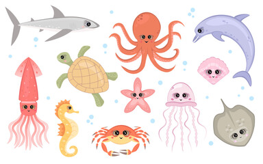 Underwater world, sea life animals. Vector Illustration for printing, backgrounds, covers and packaging. Image can be used for greeting card, poster, sticker and textile. Isolated on white background.
