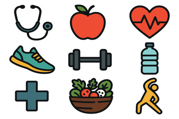 Healthy lifestyle icons including apple stethoscope heart dumbbell shoes water and salad