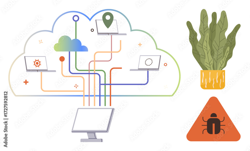 Poster cloud network connects devices with colorful lines, symbolizing connectivity. warning sign with bug 