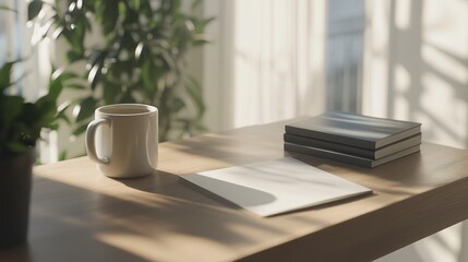 Serene Morning Coffee Break: Sunlight Illuminates a Desk with a Mug, Notebooks, and Plants