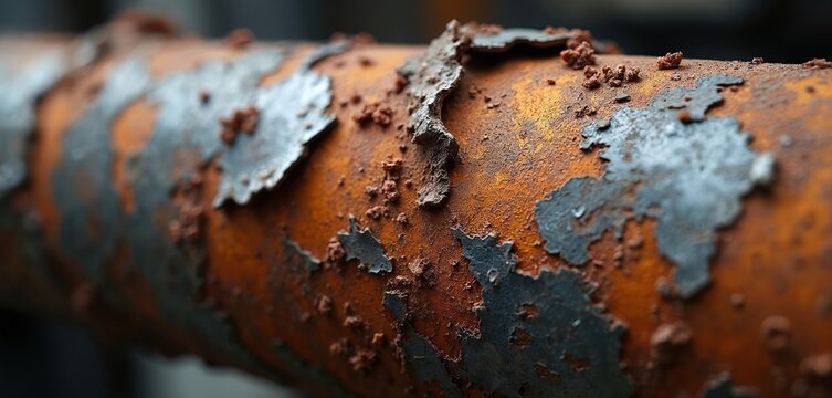 Close-up of corroded orange metal pipe showing surface degradation and rust buildup. Metal material shows peeling paint and oxidation damage.