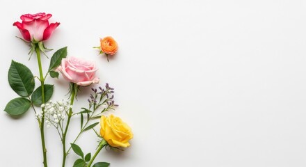 Beautiful assorted roses and flowers isolated on white background