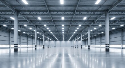 Vast empty modern warehouse interior with rows of columns and bright overhead lighting