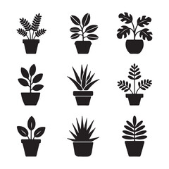 Collection of nine diverse potted house plants in silhouette for modern home decor and design elements