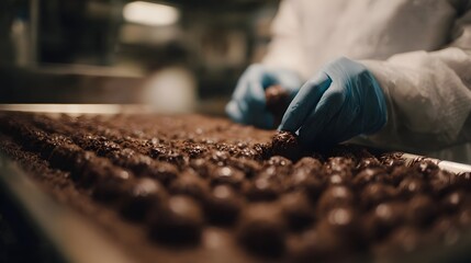 Confectionery worker with blue gloves carefully arranging chocolate truffles on a production line