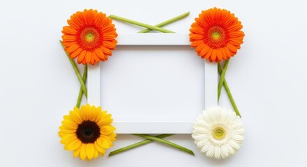 Four gerbera daisy flowers and a sunflower arranged around a white frame, isolated on white background