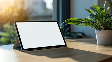 Modern Tablet Mockup: Blank Screen on Wooden Desk with Plant