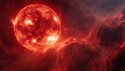 A blazing, fiery celestial sphere dominates a nebula of intense red hues in outer space.