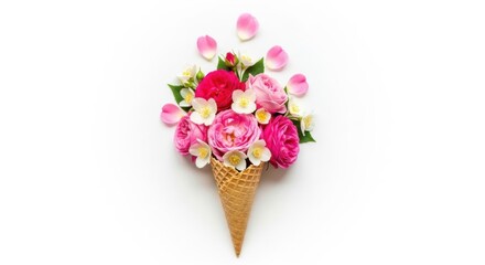 Beautiful bouquet of pink and white flowers in an ice cream cone, isolated on white background