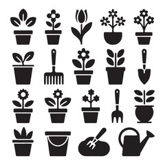 Gardening icons collection plants pots tools watering can garden elements set