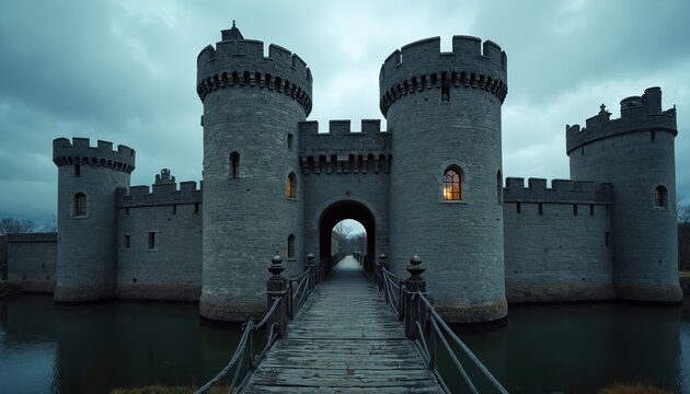 Massive stone castle with high walls and turrets features a wooden drawbridge leading over water. This ancient fortress evokes historical tales and fantasy adventures. - Powered by Adobe